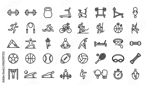 Minimal sport and fitness line icon set with workout gym and activity symbols black and white vector