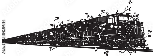 Black train with vines growing on it silhouette leaves
