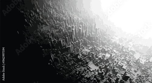 Abstract black and white illustration of city skyline with geometric forms