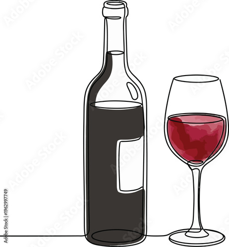bottle of wine and glass line art style vector illustration. One line continous editable vector