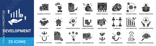 Development icon set. Containing strategy, feedback, prioritize, earning, market analysis, profit and more. Glyph vector icons collection.
