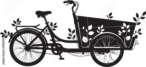 Black tricycle with floral on cargo box bicycle bike