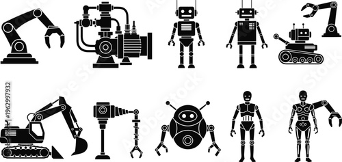 Industrial robot icons set with mechanical arms, humanoid cyborgs, excavator, and manufacturing machinery silhouettes for automation technology and engineering vector design