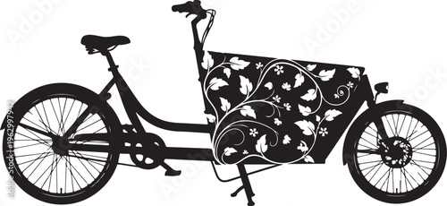Black tricycle with floral patterned basket bicycle