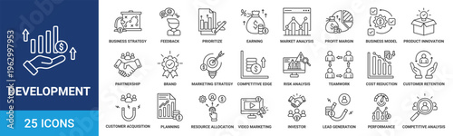 Development icon set. Containing strategy, feedback, prioritize, earning, market analysis, profit and more. Outline vector icons collection.