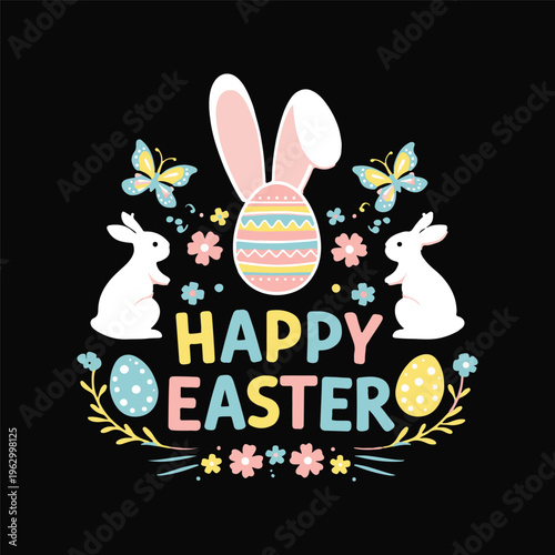 Happy Easter Bunny Egg Cute Spring Holiday Pastel Typography Illustration