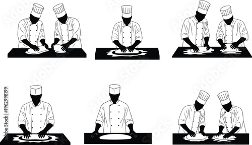 Professional chef silhouette vector set kneading dough, baker characters in uniform for restaurant menus, bakery branding, and culinary cooking graphics.