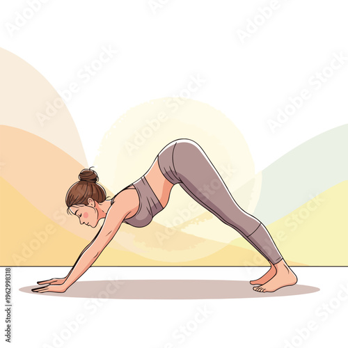 A woman in athletic wear demonstrating a downward-facing dog yoga pose