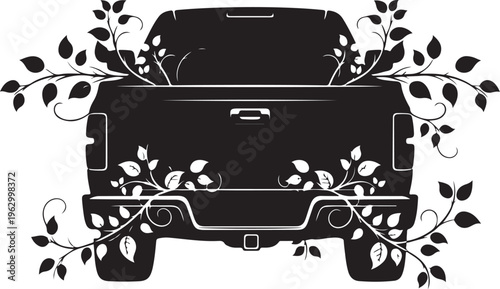 Black truck with leafy vines vehicle silhouette rear view