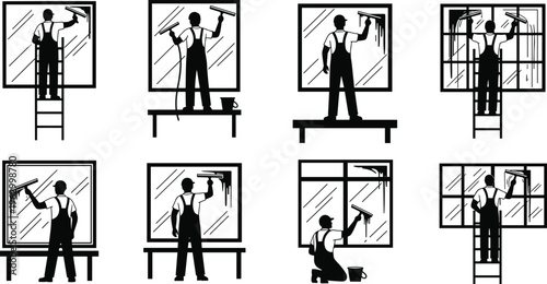 Professional window cleaner silhouettes set, featuring workers with squeegees, ladders, and buckets, performing glass washing services for commercial and residential maintenance.