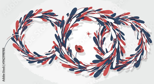 Abstract floral wreath design, three linked circles, a flower, a star