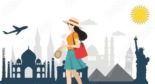 A woman in travel attire walks past world landmarks