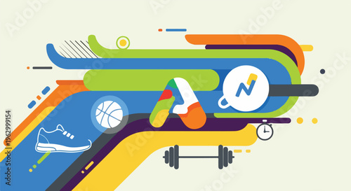 Abstract graphic design with shapes, sports icons, and vibrant colors