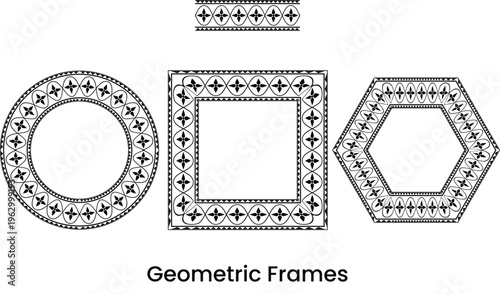 Set of Black and White Geometric Frames – Circle, Square, and Hexagon with Ornamental Borders