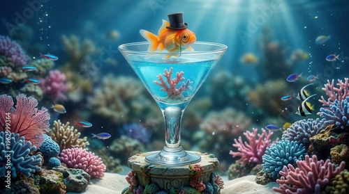 Surreal Illustration Of A Goldfish Wearing A Top Hat Inside A Blue Cocktail Glass Underwater
