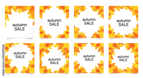 Autumn sale promotion labels with leafy borders and discounts
