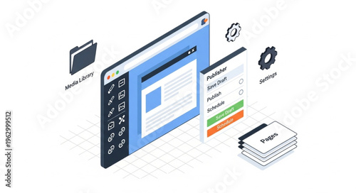 Isometric Illustration of Software Interface with Settings and File Management.
