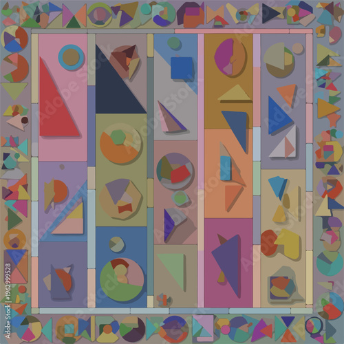 Abstract geometric artwork, arranged in colorful rectangular panels
