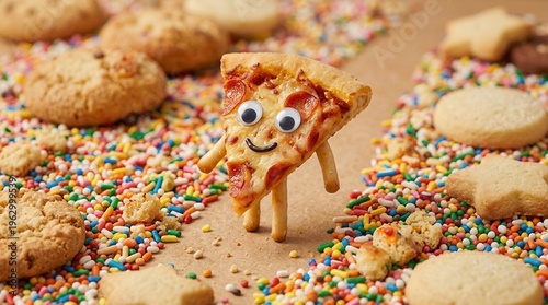 Cute Pizza Slice Character With Googly Eyes Walking On Rainbow Sprinkles
