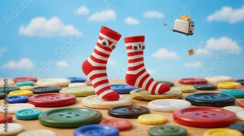 Surreal Walking Striped Socks With Googly Eyes On Colorful Buttons Background
