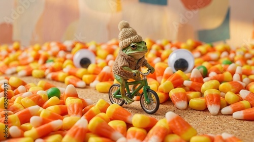 Surreal Funny Frog Wearing Hat Riding Miniature Bicycle On Candy Corn
