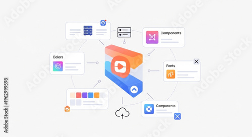3D Stapler Surrounded by Digital Interface Elements on White Background.