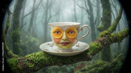 Whimsical Surreal Teacup With Human Face And Orange Slice Eyes On Mossy Branch In Misty Woods
