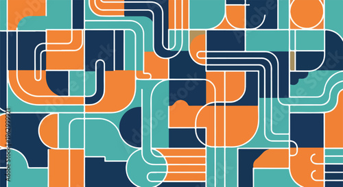 Abstract geometric artwork, featuring colorful shapes and white outlines