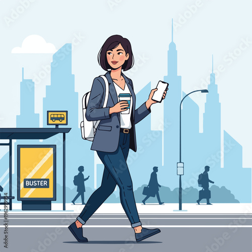 A woman walks on a city street while holding a phone and coffee