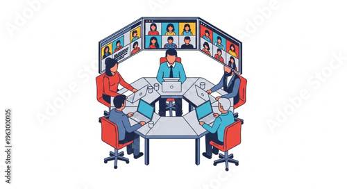 Illustration of a virtual meeting with participants on screens.