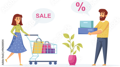 A woman shopping with a cart full of bags while a man offers a discount on boxes with a plant nearby