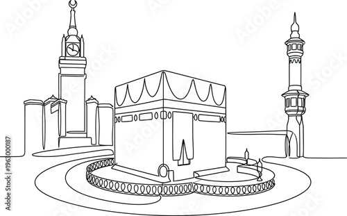 Holy Kaaba in Mecca Saudi Arabia, continous Line Art Vector illustration
