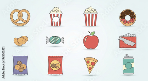 Assortment of Unhealthy Food Icons on Light Background.