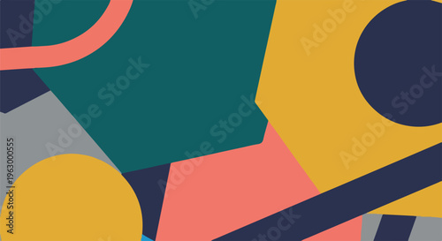 Abstract composition of colorful shapes, including circles, lines and polygons