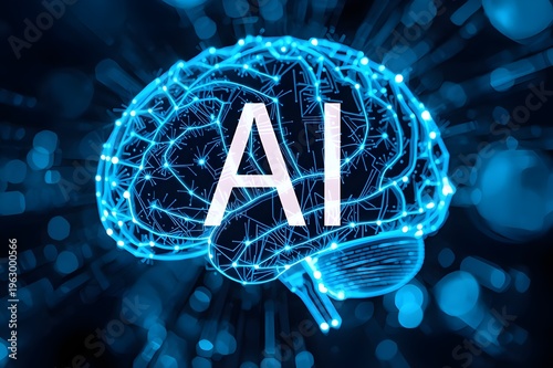 Artificial Intelligence Brain with Neural Network and AI Text, Futuristic Digital Technology Concept