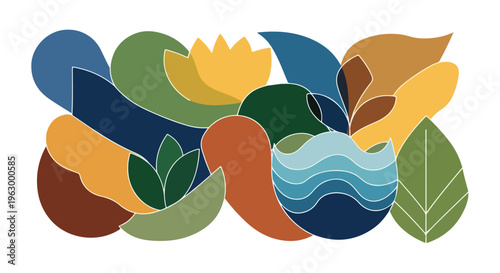 Abstract composition of colorful shapes resembling flora