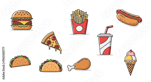 Assortment of Unhealthy Fast Food Items in Cartoon Style.