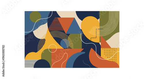Abstract composition of geometric forms, lines, circles, and curves