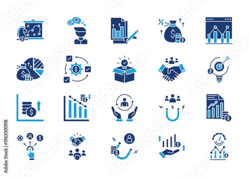 Development thin solid icon set. Containing strategy, feedback, prioritize, earning, market analysis, profit. Vector illustration