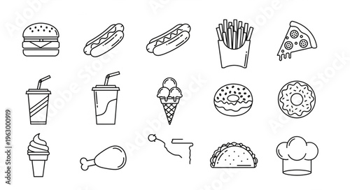 Assorted Fast Food Icons - Burger, Hot Dog, Fries, Pizza, and More.
