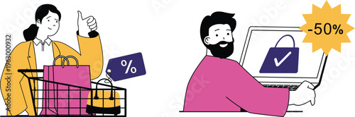 Two happy shoppers enjoying massive discounts while purchasing items online and in-store for great savings