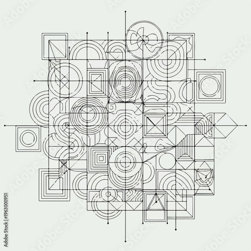 Abstract geometric composition, intricate lines, circles, squares, minimalist art