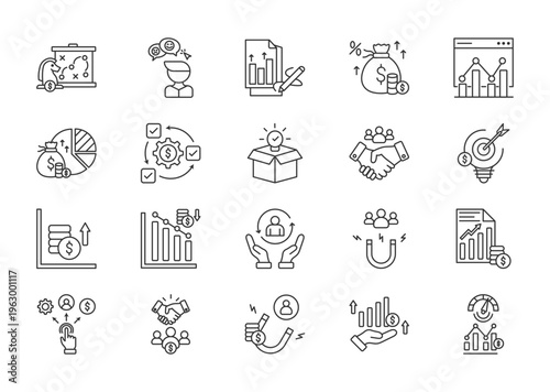 Development thin line icon set. Containing strategy, feedback, prioritize, earning, market analysis, profit. Vector illustration
