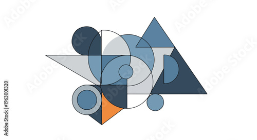 Abstract composition of geometric shapes in cool, muted blues and orange
