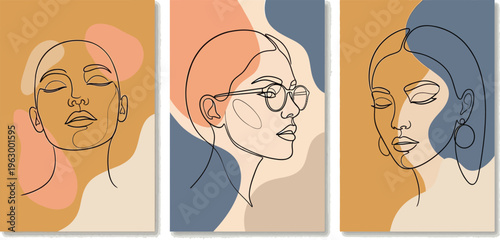 Contemporary art cover templates. Boho girl continous line drawing.