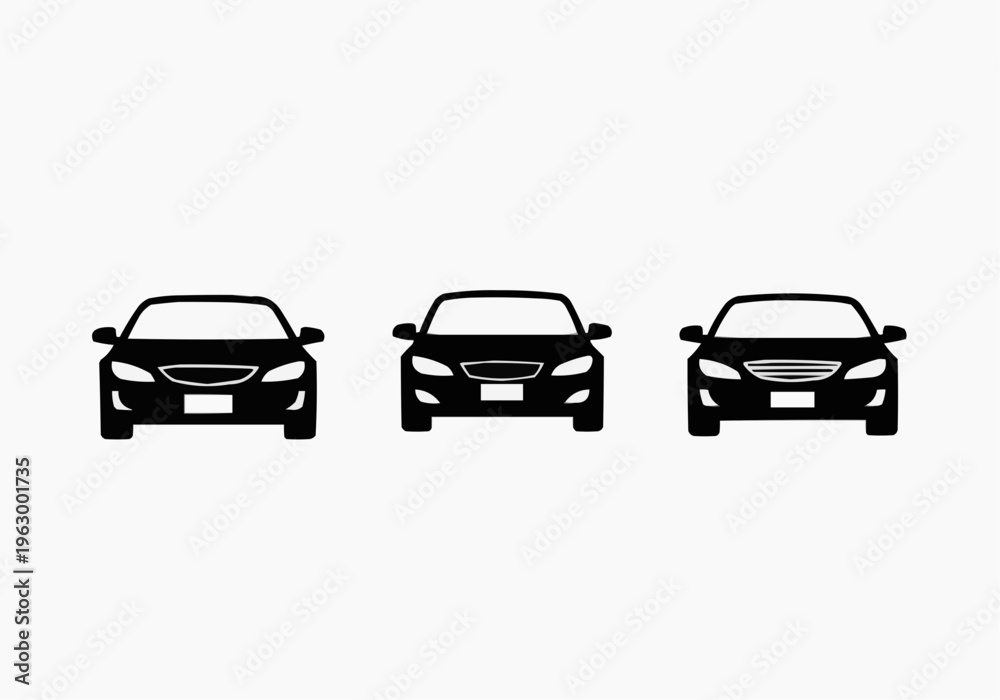 Fototapeta premium Set of minimalist car front view silhouettes, black vector icons isolated on white background.