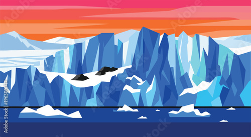 Abstract, geometric illustration depicts a glacial landscape scene