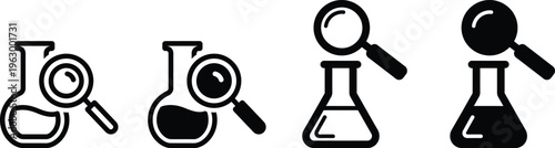 Black and white illustration of laboratory equipment with magnifying glasses