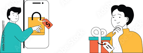 Two people contemplating online shopping with discounts and gift wrapping options shown on devices and in person