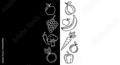 A variety of fruit and vegetable line drawings.